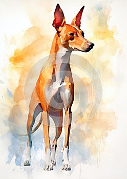 A colorful, digital watercolour painting, showing the portrait of a Cirneco dell Etna dog. photo