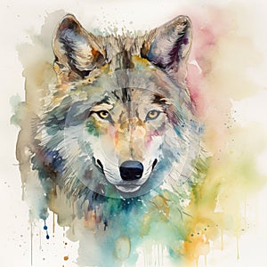 A colorful, digital watercolour painting, showing the portrait of a wolf.