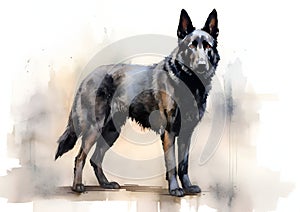 A colorful, digital watercolour painting, showing a standing black colored German Shepherd dog or or Alsatian.