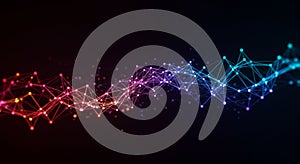 A colorful digital wave composed of interconnected points and lines, forming