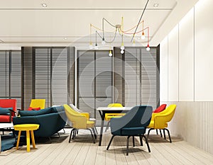 Colorful dining room indoor interior design with feature wall in red blue yellow and gray tone