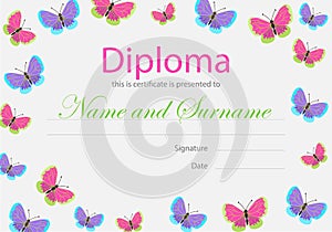 Colorful diploma for a woman with bright butterflies. Vector template of certificate of achievement for woman and girl
