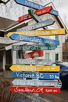 Colorful direction arrow signs on wooden pole. Direction to different places of the world indicated in a street sign