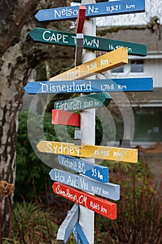 Colorful direction arrow signs on wooden pole. Direction to different places of the world indicated in a street sign