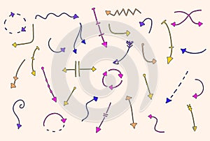 Colorful direction pointers in purple, pink and yellow colors, hand drawn arrows, dotted lines, doodle arrows, vector set