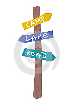 Colorful direction signpost with words Camp, Lake, Road. Wooden guidepost with arrow signs pointing to various