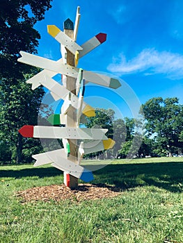 colorful directional signs, art scuplture, follow the road less travelled, inspiration