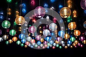 Colorful disco balls with bright rays, a night party or a disco