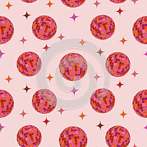 Colorful Disco balls seamless pattern with stars in orange, pink and brown on light background.
