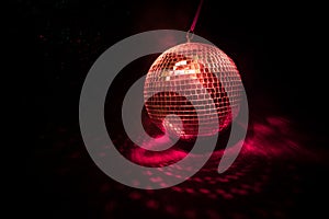 Colorful disco mirror ball lights night club background. Party lights disco ball.