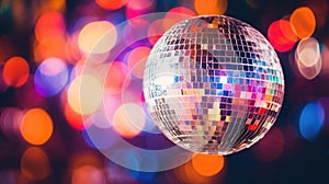 Colorful disco mirror ball lights night club background. Party lights disco ball