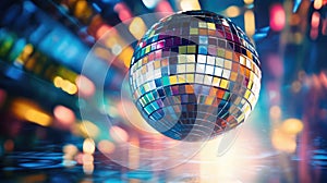 Colorful disco mirror ball lights night club background. Party lights disco ball