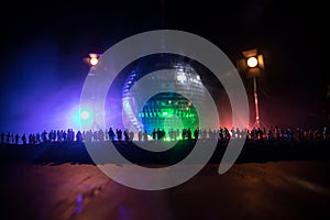 Colorful disco mirror ball lights night club background. Party lights disco ball. Selective focus