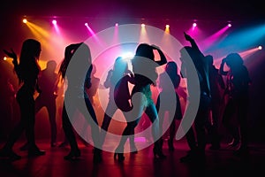 Colorful disco party scene with black silhouettes of people dancing against a vibrant neon-lit background with disco balls and