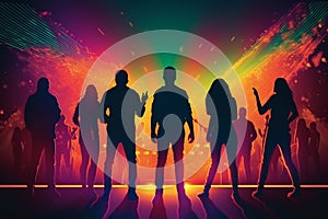 Colorful disco party scene with black silhouettes of people dancing against a vibrant neon-lit background with disco balls and