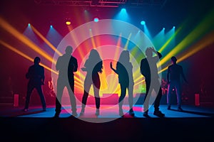 Colorful disco party scene with black silhouettes of people dancing against a vibrant neon-lit background with disco balls and