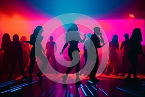 Colorful disco party scene with black silhouettes of people dancing against a vibrant neon-lit background with disco balls and