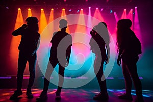 Colorful disco party scene with black silhouettes of people dancing against a vibrant neon-lit background with disco balls and