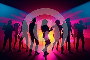 Colorful disco party scene with black silhouettes of people dancing against a vibrant neon-lit background with disco balls and