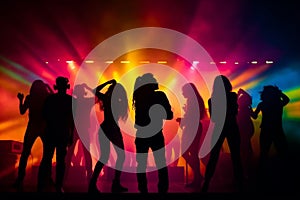 Colorful disco party scene with black silhouettes of people dancing against a vibrant neon-lit background with disco balls and