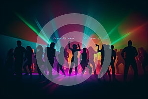 Colorful disco party scene with black silhouettes of people dancing against a vibrant neon-lit background with disco balls and