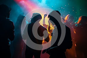 Colorful disco party scene with black silhouettes of people dancing against a vibrant neon-lit background with disco balls and