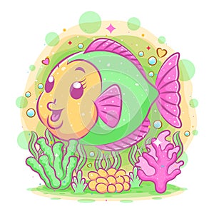 The colorful discus fish swims with the big smile