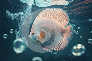 A colorful discus fish swims gracefully in the clear waters of the ocean. Generative AI