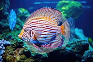 colorful discus fish in a well-lit aquarium