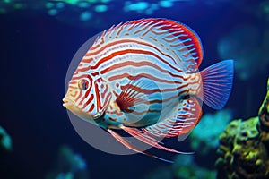 colorful discus fish in a well-lit aquarium