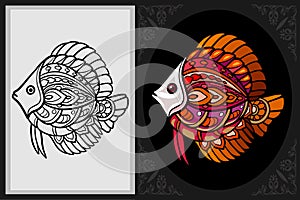 Colorful Discus fish zentangle art with black line sketch isolated on black and white backgroundPrint