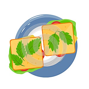 Colorful dish with sandwiches vector illustration. Breakfast clipart.