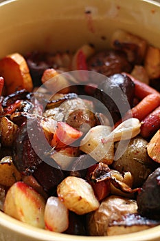 A colorful dish of a variety of baked vegetables