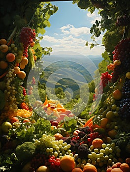 Poľnohospodársky zobraziť z farbistý zelenina hojný čerstvý s výhľadom údolie hory. 