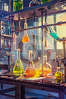 A colorful display of chemistry equipment, including beakers, test tubes