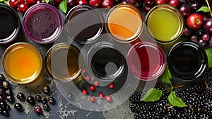 A colorful display of elderberry syrups and juices highlighting the versatility and accessibility of this powerful berry