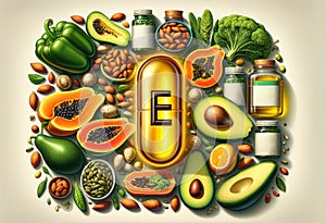 Colorful display foods supplements rich Vitamin E, including avocado, nuts, creatively arranged