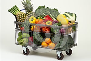 colorful display of fresh vegetables and fruits in a fully stocked supermarket metal shopping cart