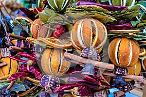 Colorful display of fruits, spices and herbs in an outdoor market in Bratislava, Slovakia