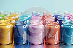 Colorful display of jars filled with various liquids, perfect for advertising