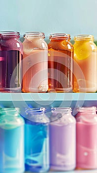 Colorful display of jars filled with various liquids, perfect for advertising