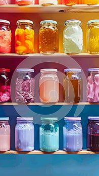 Colorful display of jars filled with various liquids, perfect for advertising