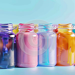 Colorful display of jars filled with various liquids, perfect for advertising
