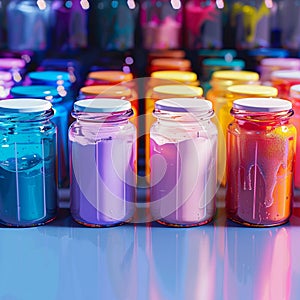 Colorful display of jars filled with various liquids, perfect for advertising