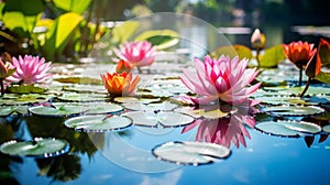 A colorful display of lotus flowers and their reflections on a calm pond
