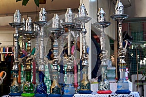 Colorful display of many different waterpipes
