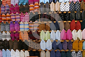 Colorful display of Moroccan slippers