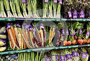 Colorful display of organic vegetables on the shelf in the supermarket