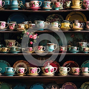 Colorful display of tea cups and saucers with vintage charm (tiled