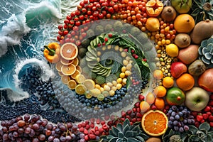 A colorful display of various fruits, vegetables, and flowers arranged in a spiral pattern with a dynamic ocean wave.